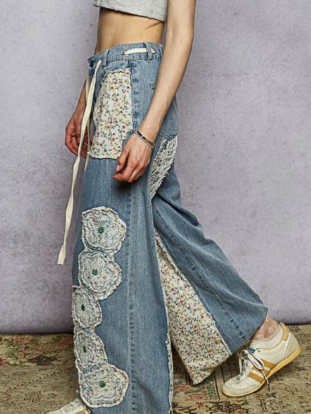 POL Wide Leg Patchwork Jeans in Light Blue with Cream Floral Patches - Picture 1 of 3